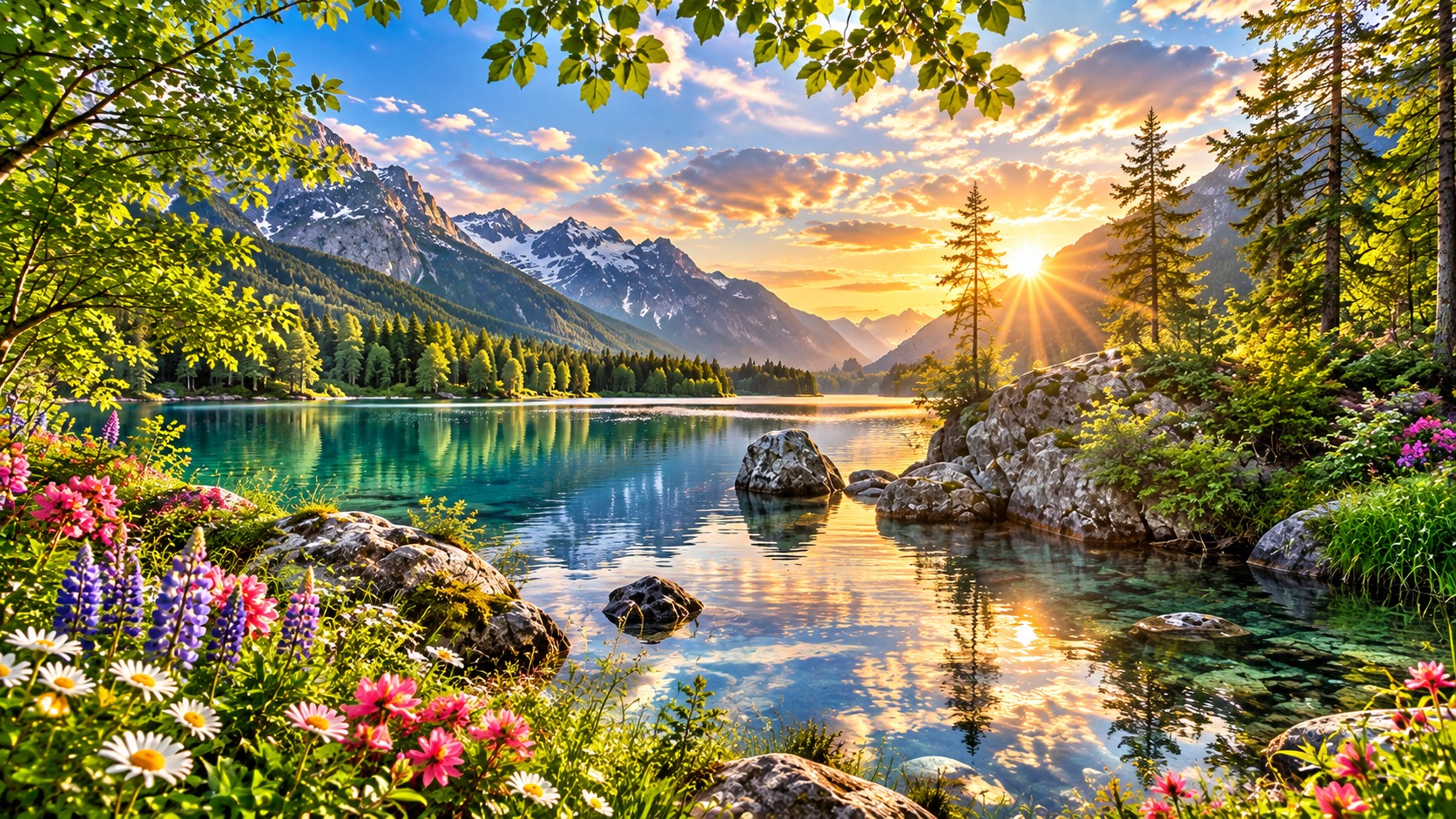 Alpine lake at sunrise with wildflowers, evergreen trees, and snow-capped mountains