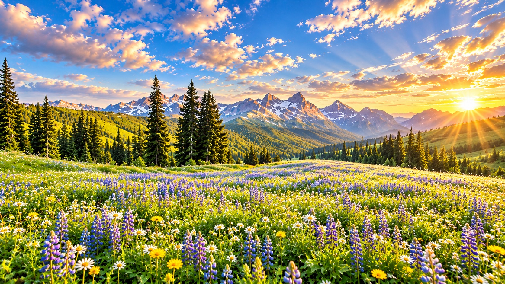 Mountain meadow filled with purple and white wildflowers beneath a bright sunrise