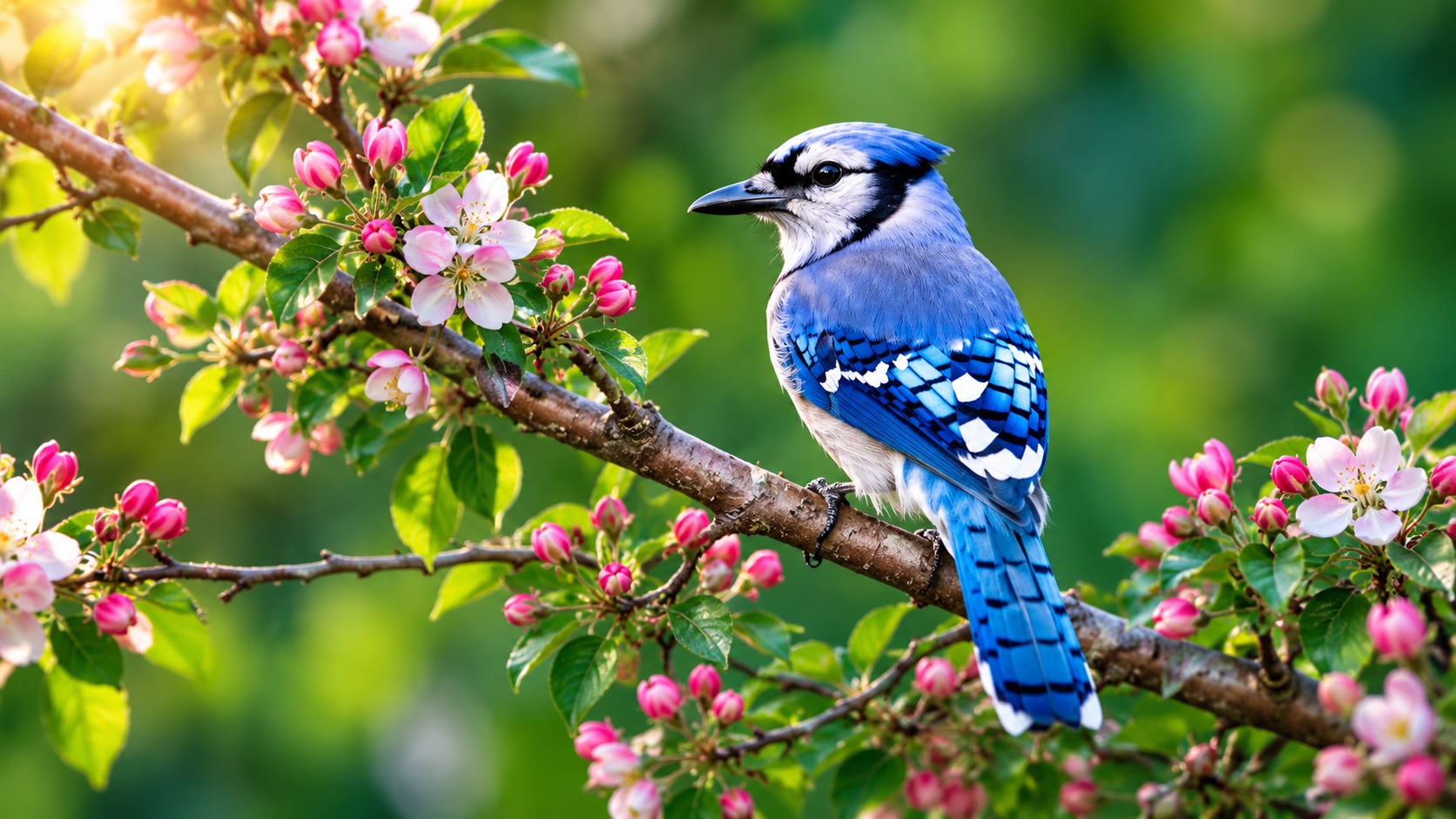 Blue jay perched on a flowering branch surrounded by pink and white blossoms