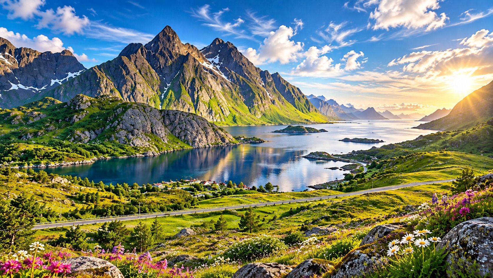 Coastal mountain range above a calm blue bay with green hills and wildflowers at sunrise