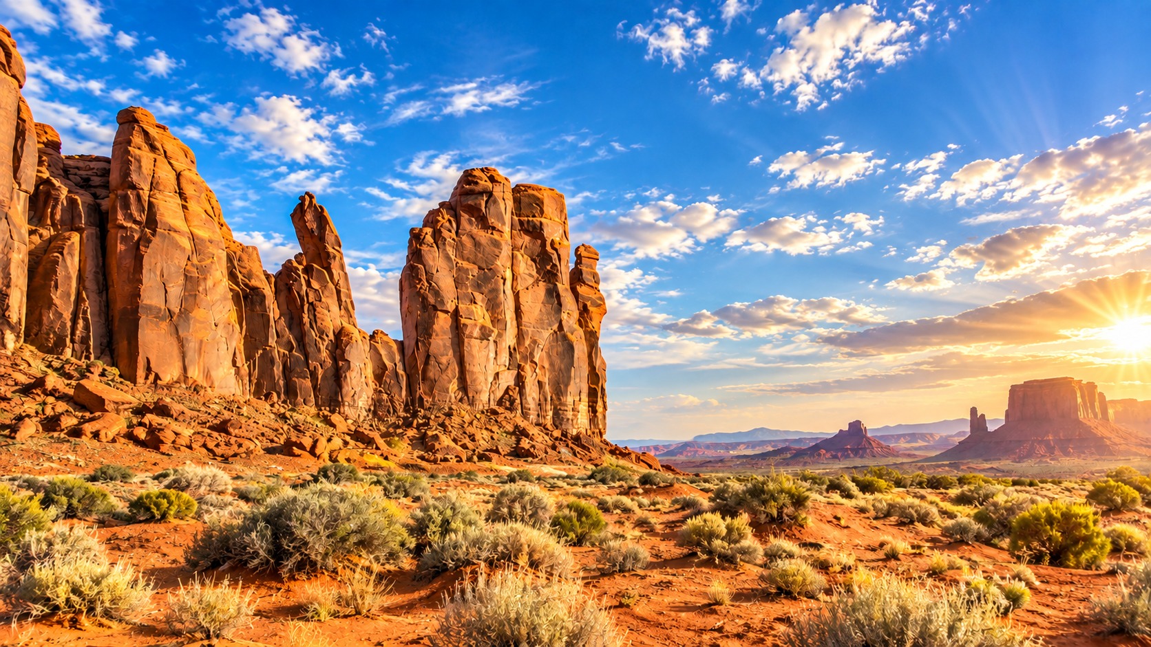 Red sandstone desert formations glowing in warm sunrise light beneath a vivid blue sky