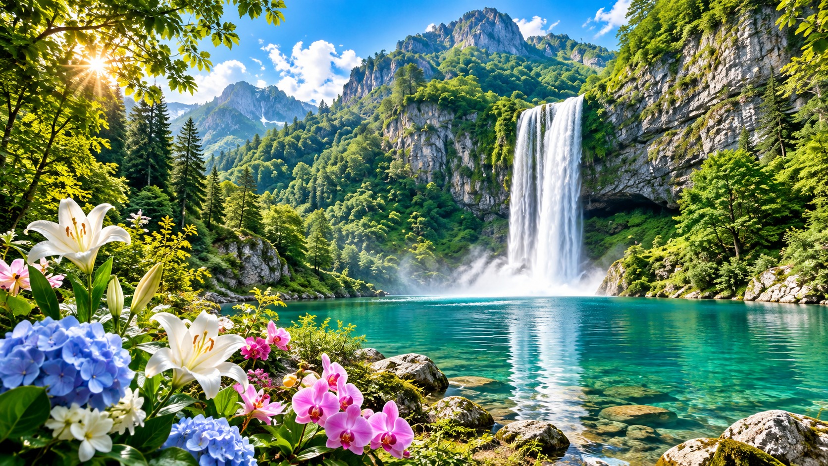 Large waterfall flowing into a turquoise mountain lake surrounded by forest and colorful flowers