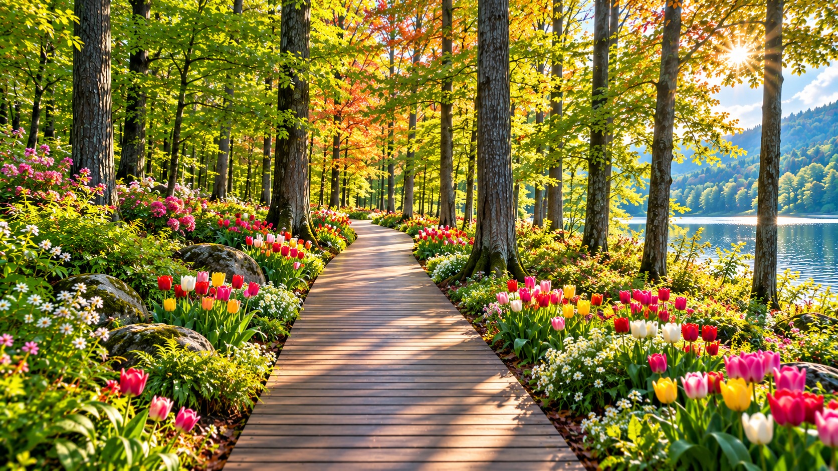 Wooden path through a colorful forest with tulips and wildflowers beside a peaceful lake