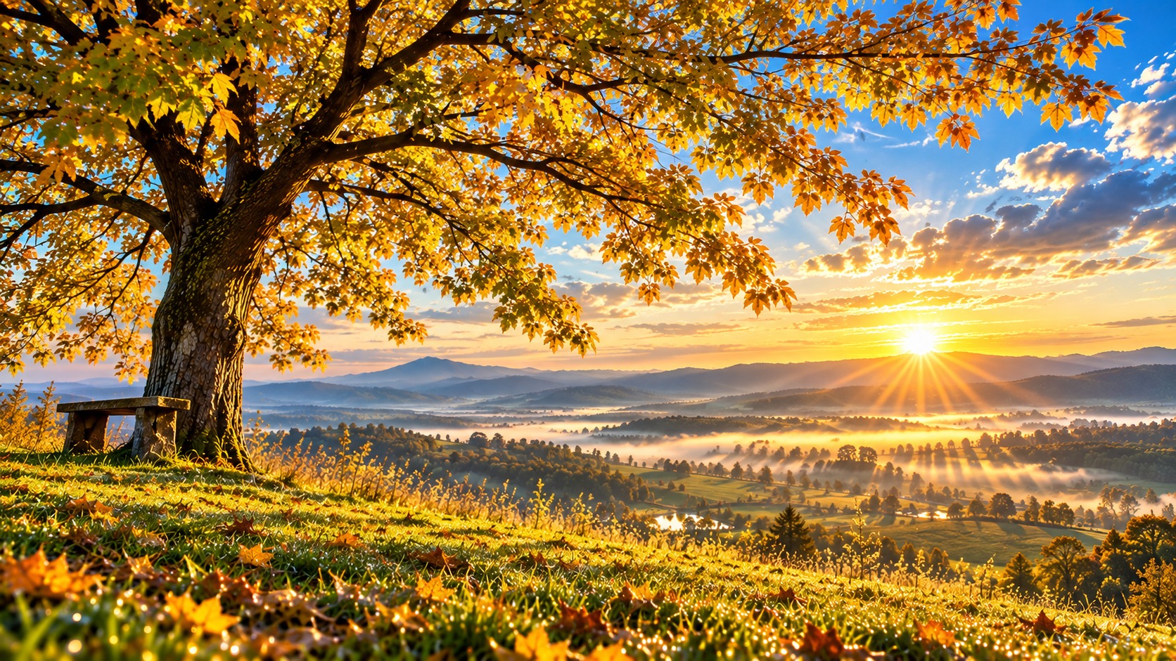 Golden autumn tree overlooking a misty valley at sunrise