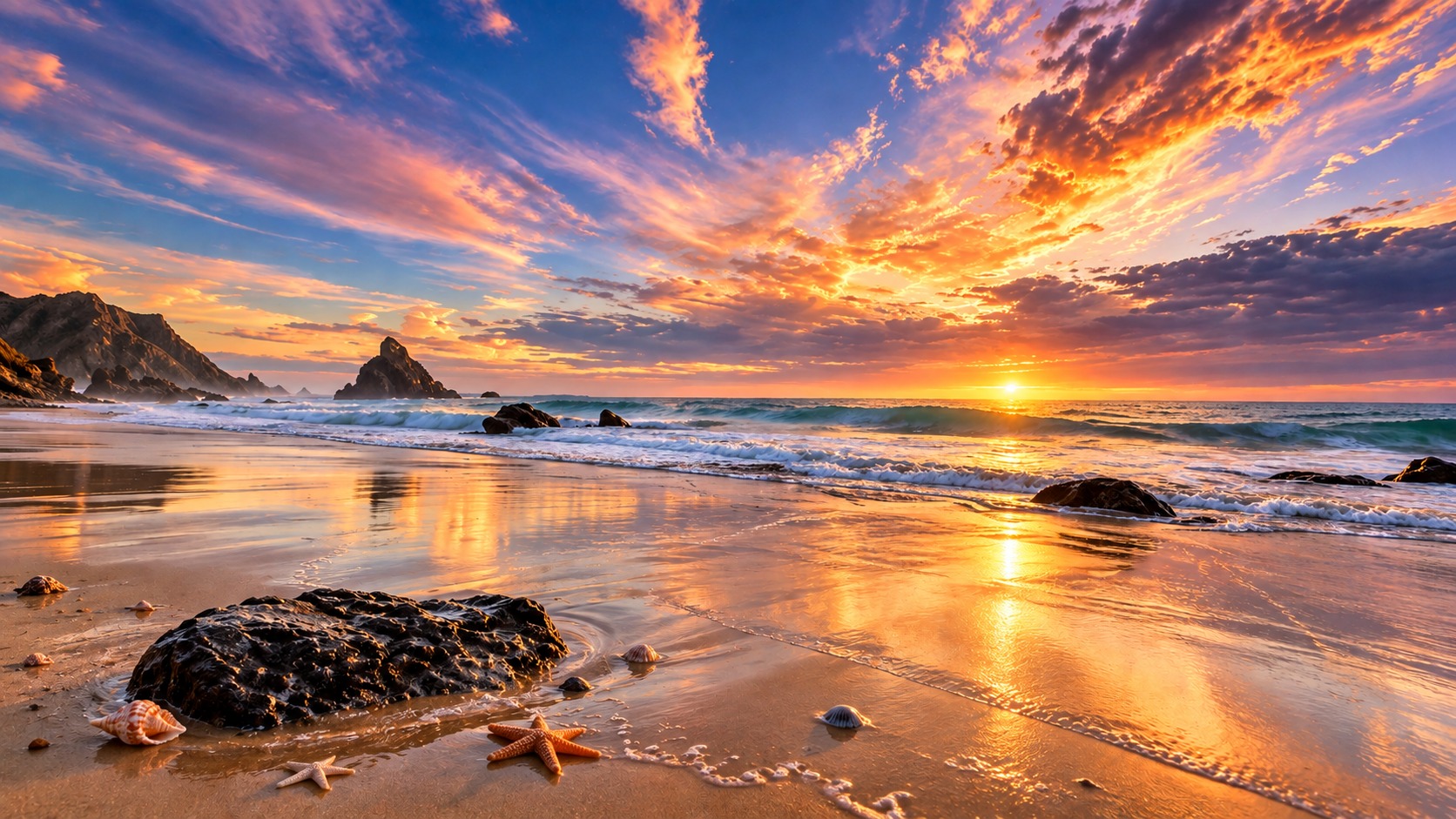 Golden sunset over a rocky beach with waves reflecting orange light across wet sand