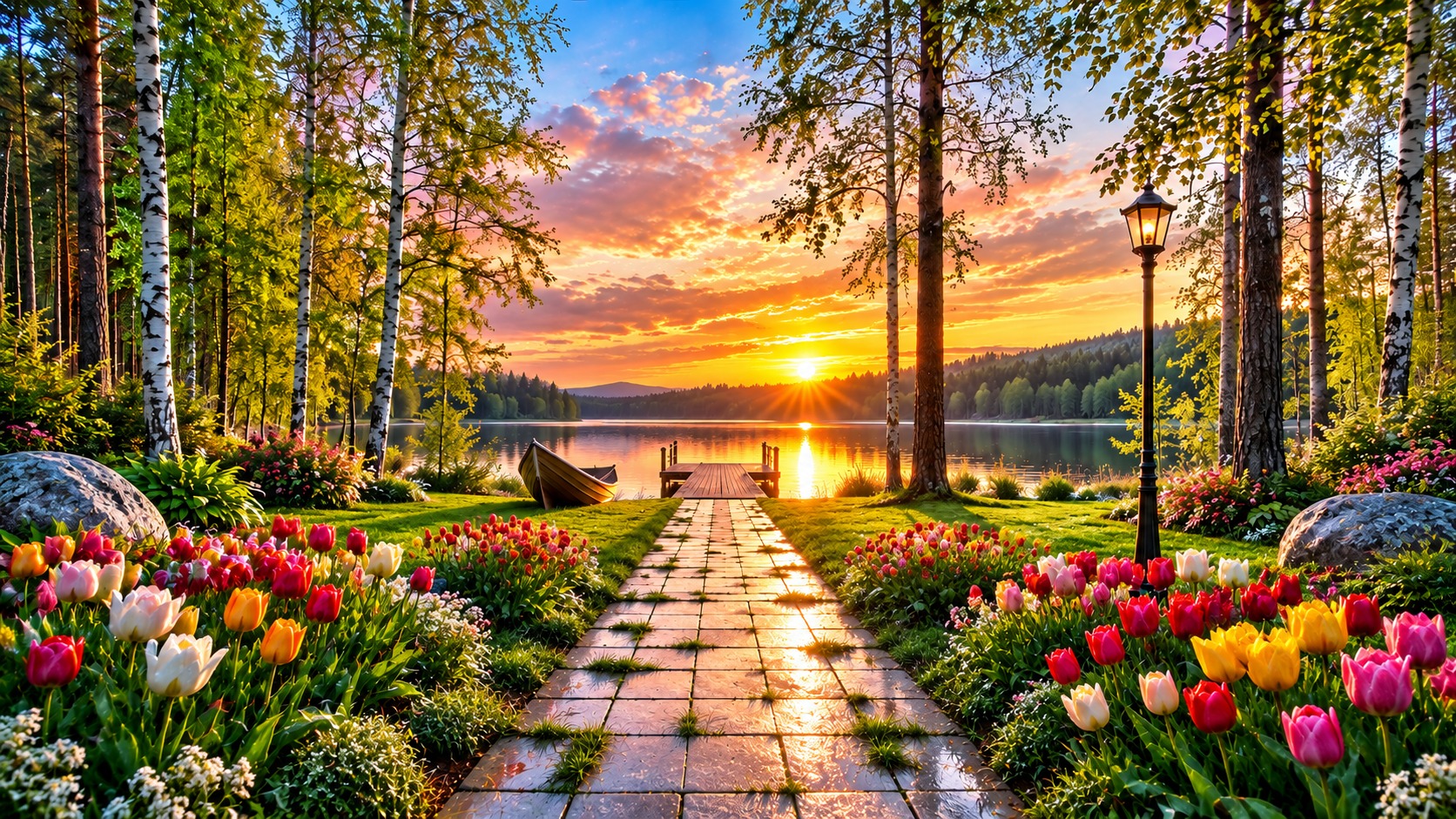 Tulip-lined path leading to a lakeside dock at sunset among birch and pine trees
