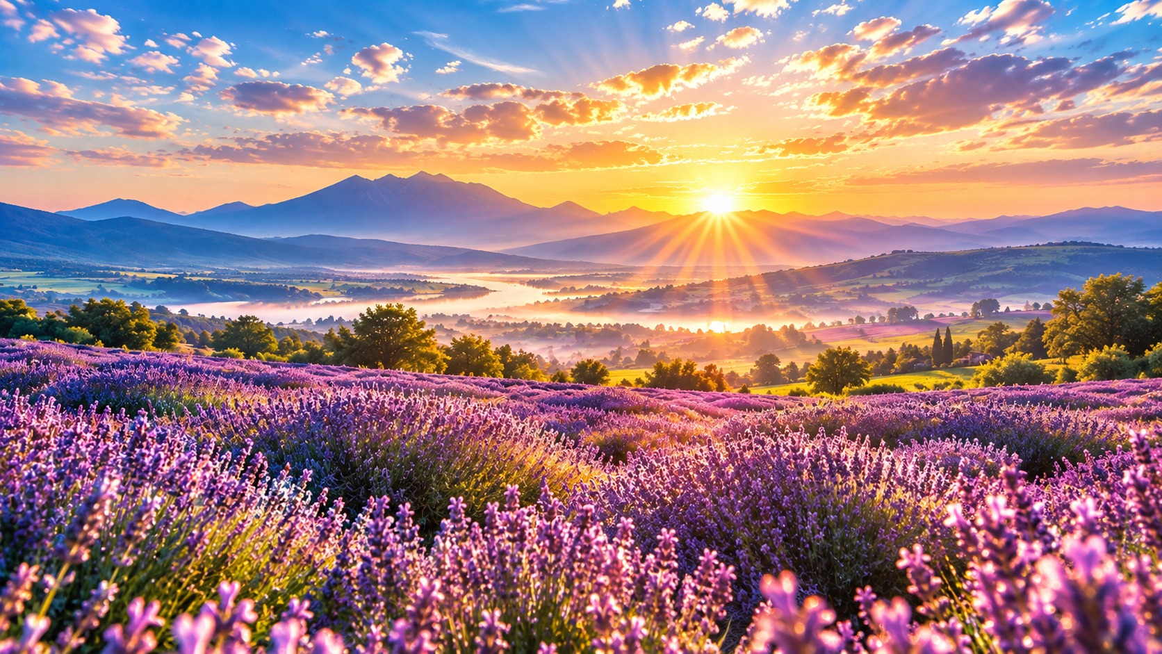 Lavender field glowing at sunrise with mountains and a misty valley in the distance