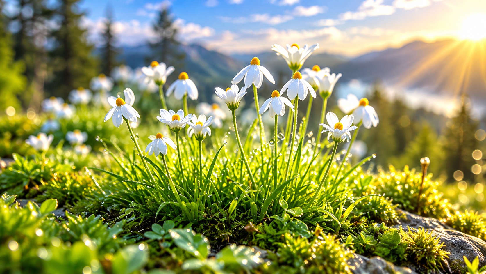 White daisies covered with morning dew glowing in warm sunlight with mountains in the background