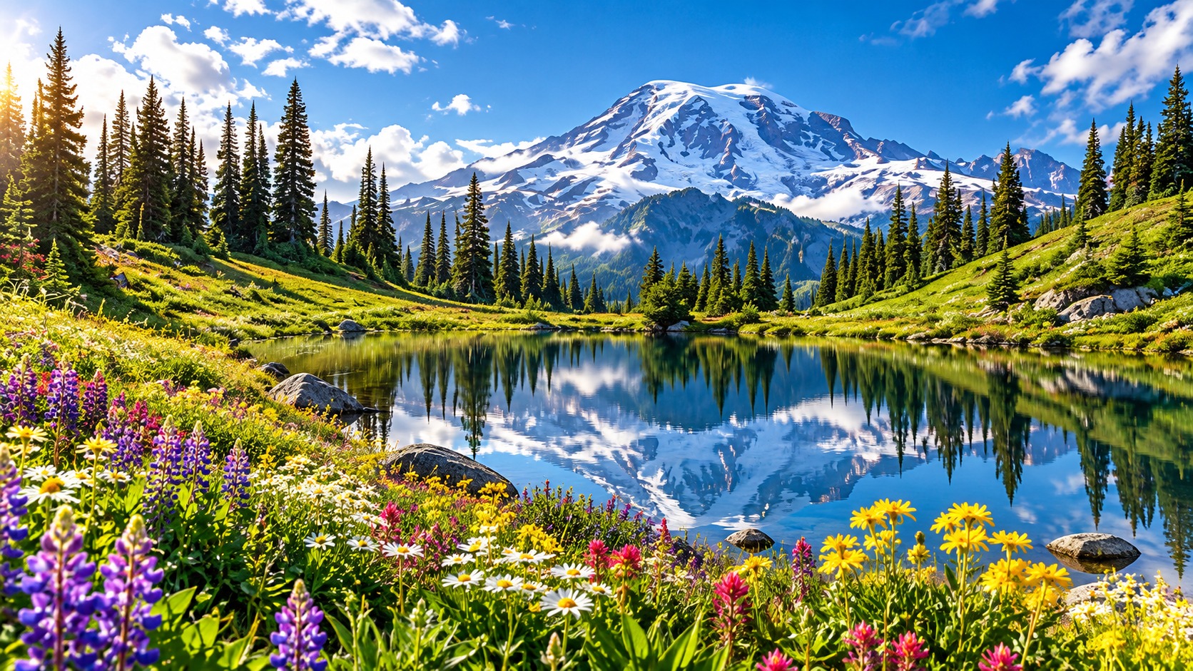 Snow-covered mountain reflected in a calm alpine lake with colorful wildflowers