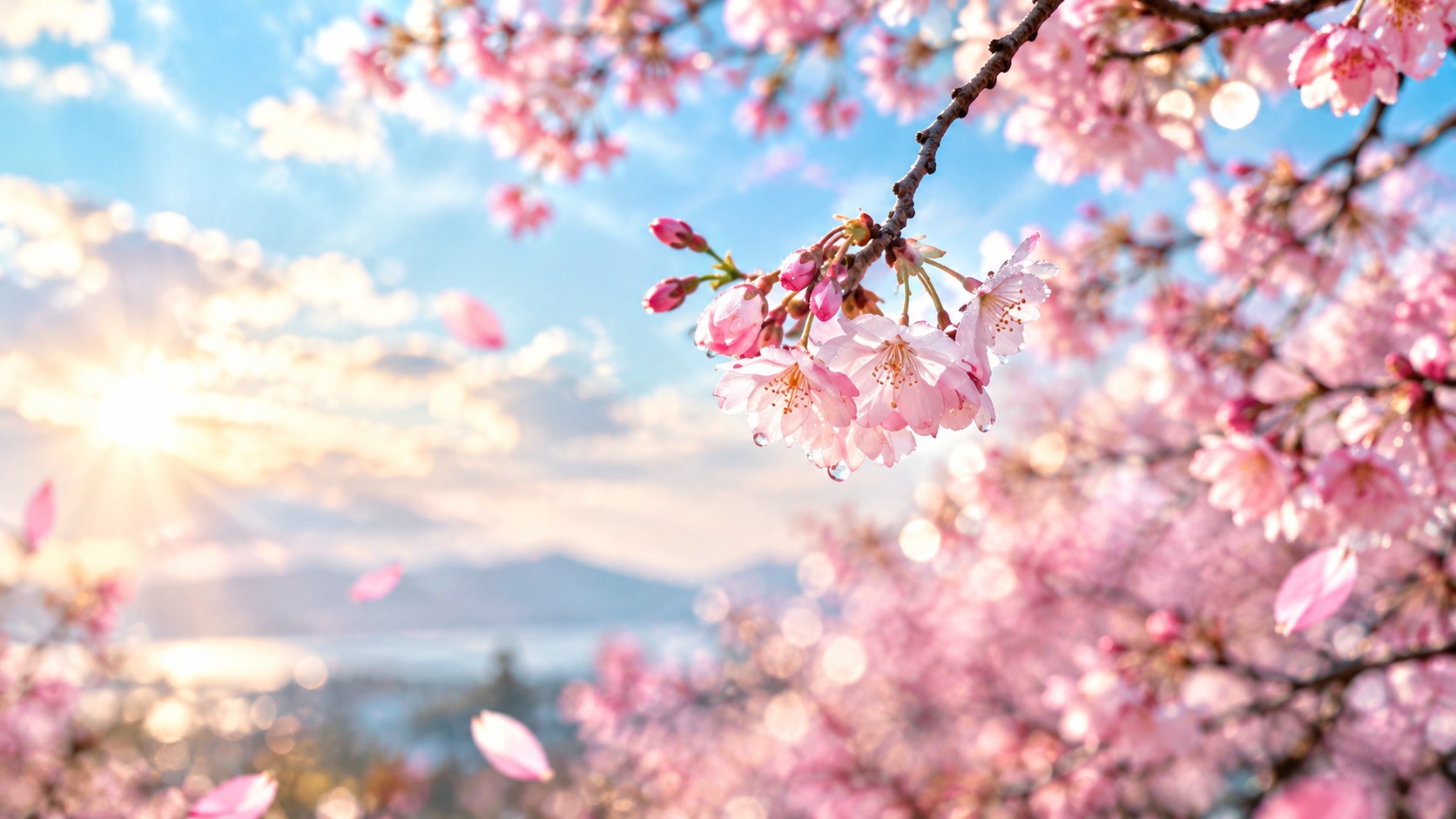 Pink cherry blossoms glowing in soft morning sunlight against a blue sky and distant mountains