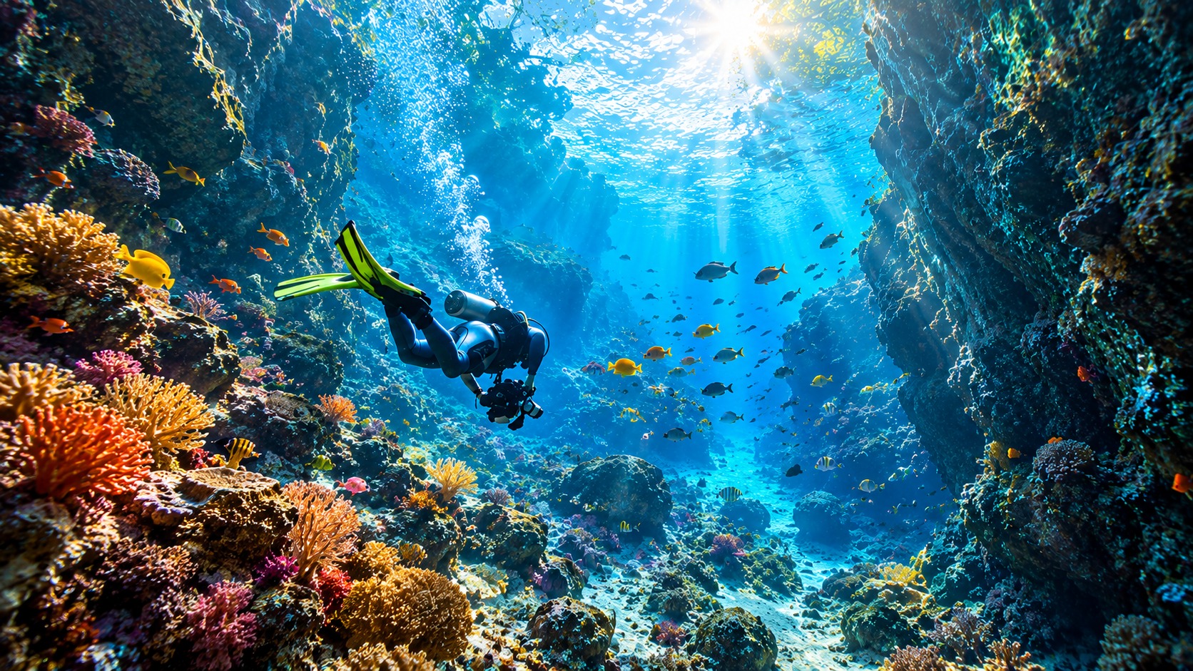 Scuba diver swimming through a bright coral reef canyon filled with colorful fish and sunlight