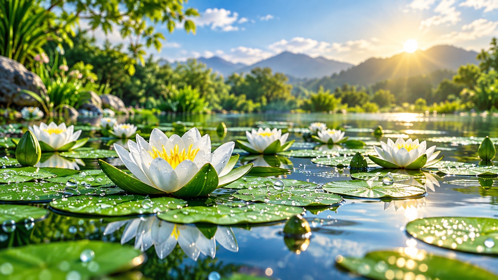 White water lilies on a peaceful pond at sunrise with mountains in the background