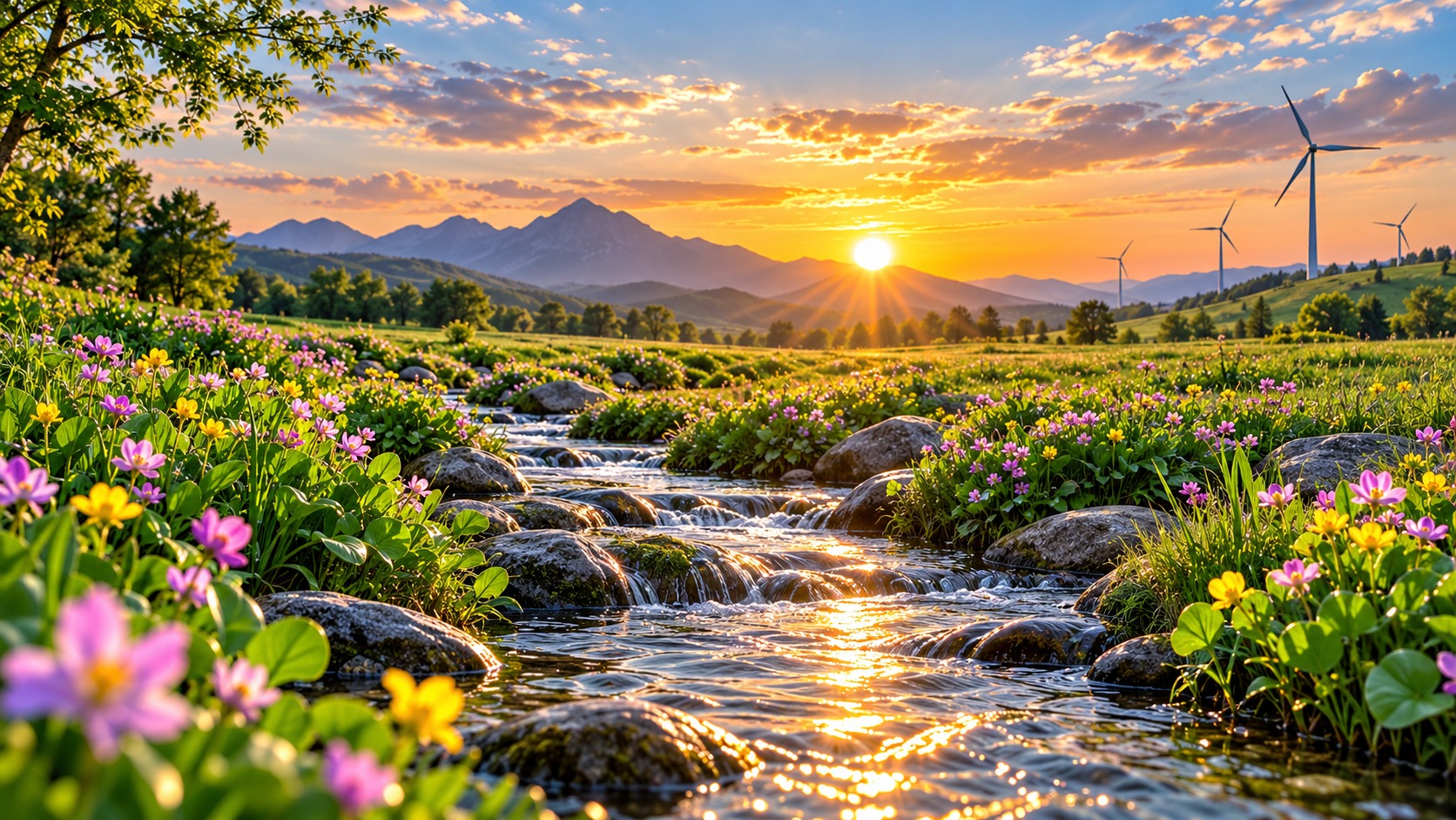 Wildflower meadow with a sparkling stream, distant mountains, wind turbines, and sunset
